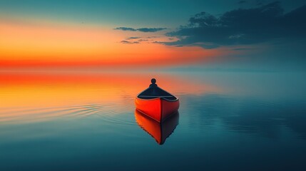 A tranquil scene of a solitary boat on calm waters during a vibrant sunset, reflecting serene colors.
