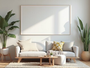 Modern Boho living room interior style. Empty wall mock up. Wall art. wall background. 3d rendering, 3d illustration