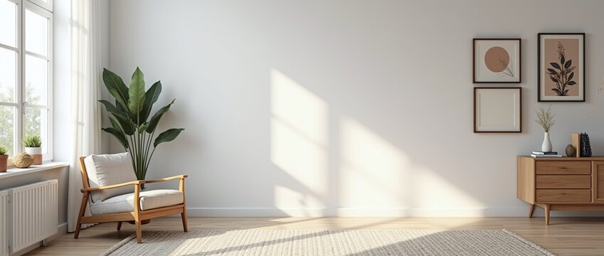 Modern Boho living room interior style. Empty wall mock up. Wall art. wall background. 3d rendering, 3d illustration