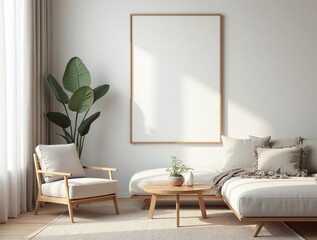 Modern Boho living room interior style. Empty wall mock up. Wall art. wall background. 3d rendering, 3d illustration