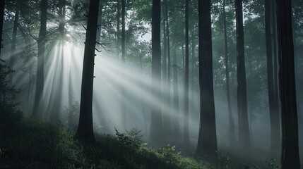 Fototapeta premium Serene forest with sunlight streaming through misty trees.