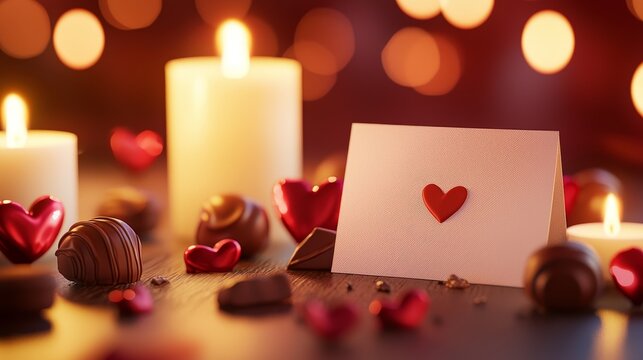 A custom love note surrounded by chocolates and candles, soft lighting, romantic mood, hyper-detailed, photorealistic