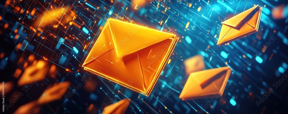 Poster digital email messages flowing through network, fast and secure online communication