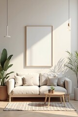 Modern Boho living room interior style. Empty wall mock up. Wall art. wall background. 3d rendering, 3d illustration