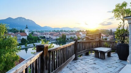 Obraz premium Sunrise over River Town