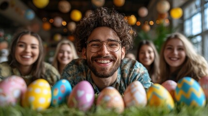 A joyful gathering of friends celebrating Easter with colorful eggs and a festive atmosphere.