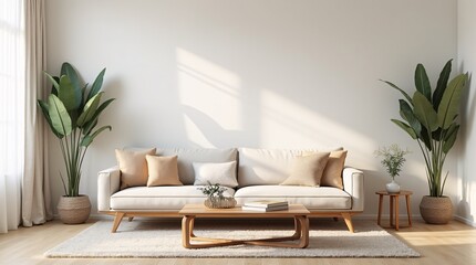 Modern Boho living room interior style. Empty wall mock up. Wall art. wall background. 3d rendering, 3d illustration