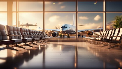 A modern airport terminal with a spacious waiting area, featuring empty seats and a large window showing an airplane outside in the golden light.