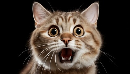 A surprised cat with wide eyes and an open mouth against a dark background, conveying a sense of shock or alertness.