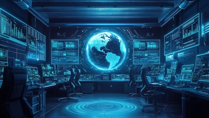 Obraz premium Global Network Monitoring: A Futuristic Control Center Displays Real-Time Data with Advanced Technology.