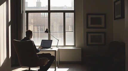 Fototapeta premium Businessperson Working Alone in a Modern, Empty Office Space