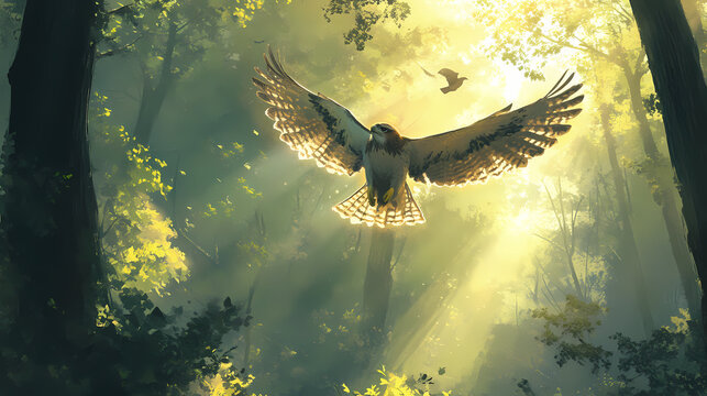 A hawk soaring gracefully in a sunlit forest. Shadowsong. Illustration