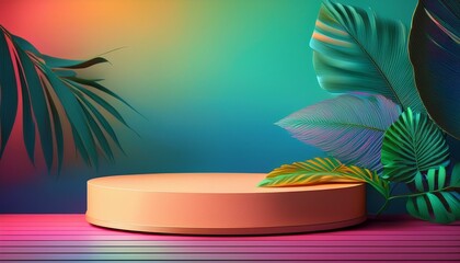 A vibrant, colorful backdrop featuring tropical leaves and a circular platform, perfect for showcasing products or presentations.