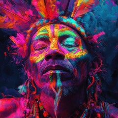 zoomed in amazing portrait of a Mayan shaman with fluorescent colours