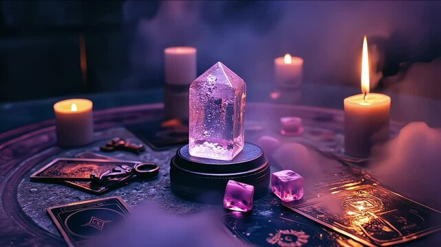 Mystic scene with tarrot cards, candles and crystals on magic table for fortune telling. Astrology and Esoteric concept