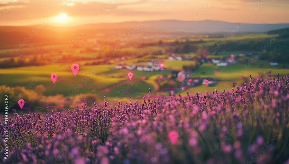 Poster sunset lavender field location tracking network system, gps mapping technology shows network connect