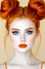 Obraz premium A woman with orange hair and blue eyes is wearing orange lipstick