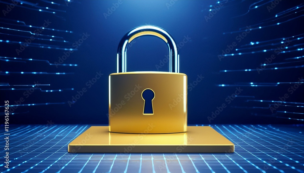 Poster a shiny golden padlock stands on a digital platform, symbolizing security and protection in a high-t