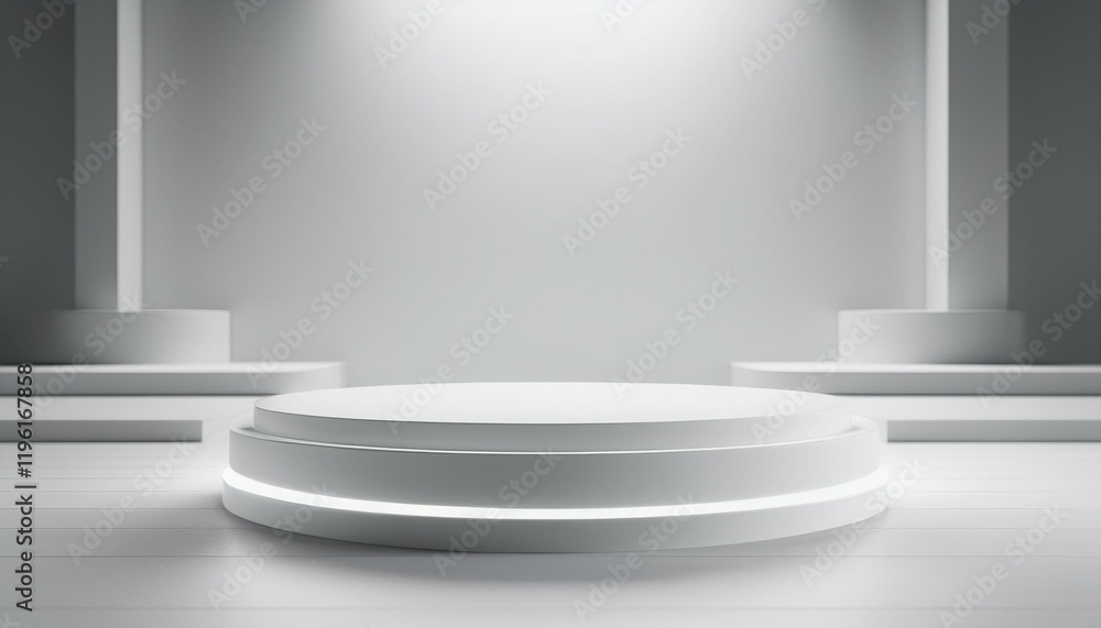 Poster a minimalist stage design featuring a circular platform illuminated by soft lighting, set against a 