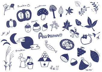 秋のイラスト、色鉛筆手書き風、ゆるいイラスト,スケッチ 、色鉛筆風に描かれた秋の素材セット、秋の葉、秋の食べ物、収穫祭、お月見、日本の秋のイベントセット、紅葉、もみじ、カボチャ、きのこ、秋の葉っぱ、とんぼ、さつまいも、柿、さんま、どんぐり、秋の木の実、葡萄、月、うさぎ、秋のシンプルな線画イラストフレームセット / 食べ物、動物、花、果物、野菜、シンプルなイラスト