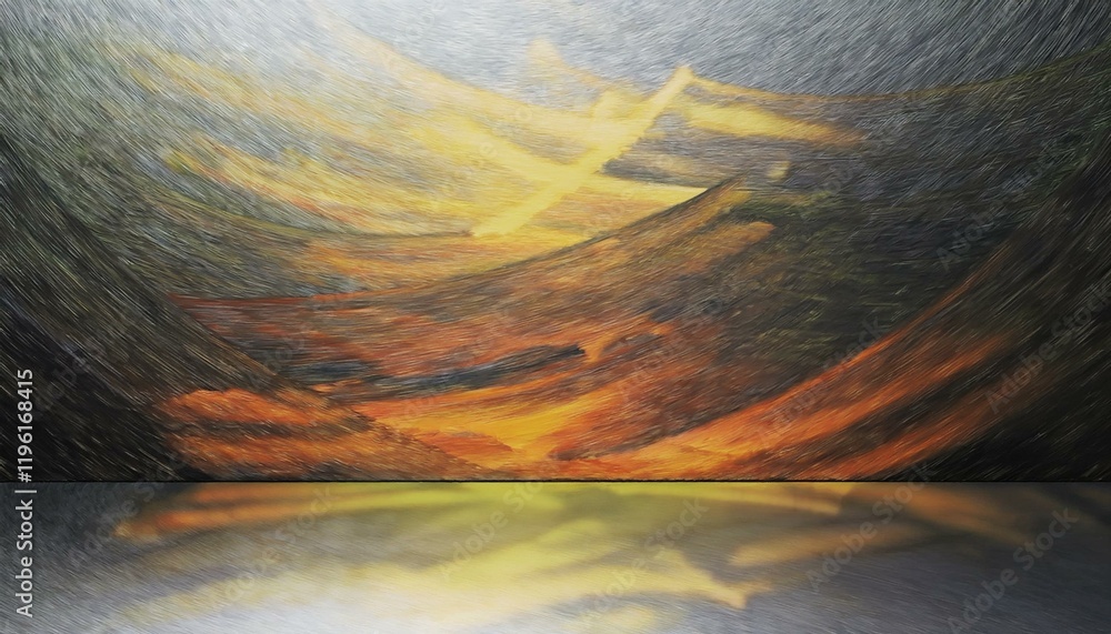 Poster an abstract artwork featuring dynamic strokes of yellow and orange against a dark background, reflec