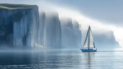 A serene sailing scene featuring a boat gliding through misty waters beside towering cliffs.
