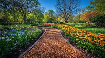 Obraz premium A serene garden path lined with vibrant flowers, inviting visitors to explore nature's beauty.