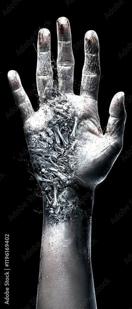 Poster artistic depiction of a hand with shattered bones abstract studio digital art dark background close-