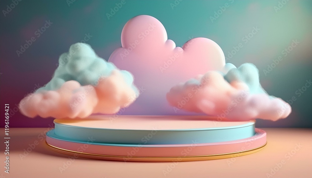 Poster a whimsical scene featuring colorful clouds against a soft gradient background, creating a dreamy an