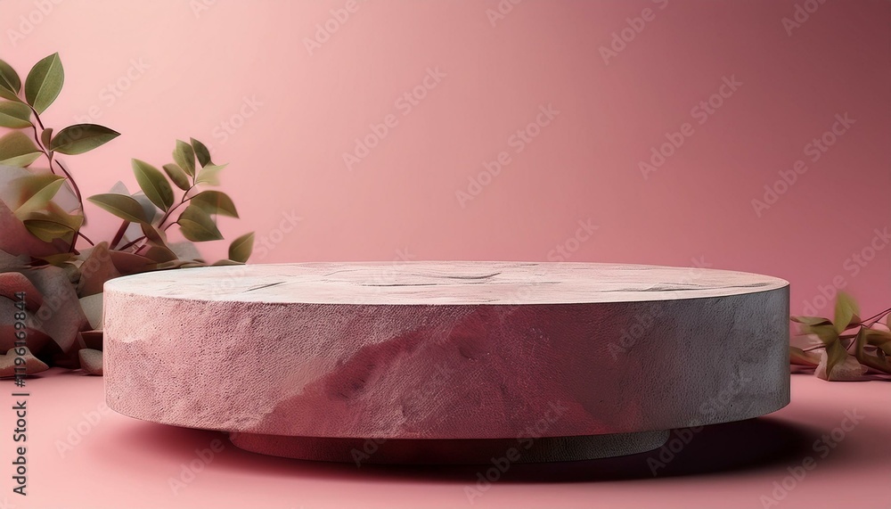 Poster a minimalist display featuring a circular stone platform surrounded by soft foliage, set against a p