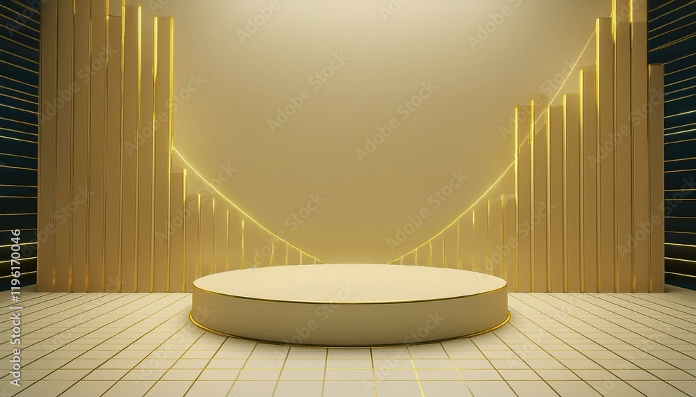 Poster a modern stage setup featuring a circular platform and artistic light bars creating a sleek, minimal