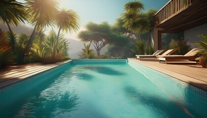 Fototapeta premium A serene poolside retreat surrounded by lush greenery, featuring lounge chairs and a tranquil atmosphere bathed in warm sunlight.