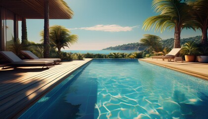 Obraz premium A serene pool scene with wooden decking, palm trees, and a stunning ocean view, perfect for relaxation.