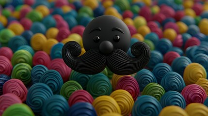 Obraz premium Playful Black Curly Mustache Character Surrounded by Colorful Artistic Elements