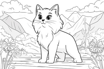 A cat is standing in a field with mountains in the background