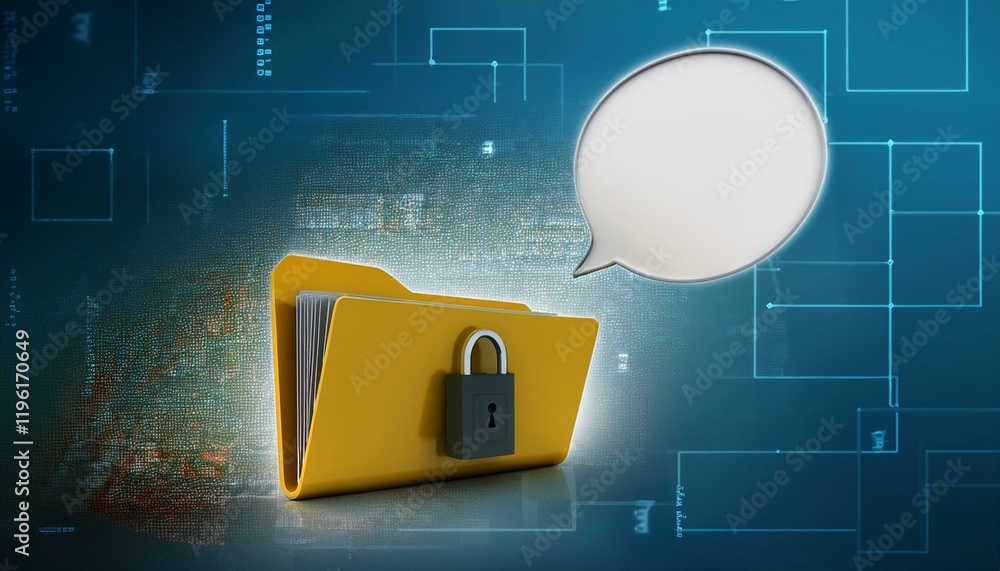 Poster a digital folder with a padlock symbolizes data security and privacy, accompanied by a blank speech 