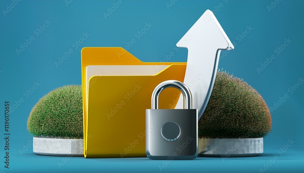 Poster a visual representation of data security, featuring a locked padlock, a folder, and an upward arrow,