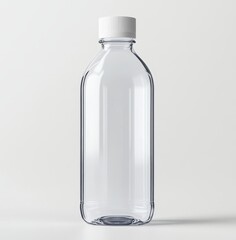 Clear plastic bottle with white cap, isolated on white background.
