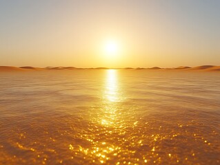 Golden sunset over calm desert water.