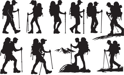 Hiking Silhouette Vector Illustration Set - Outdoor Adventure Graphics