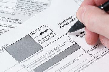 Fototapeta premium Form 1099-NEC, Nonemployee Compensation, IRS Tax Return Filing Document Close-Up