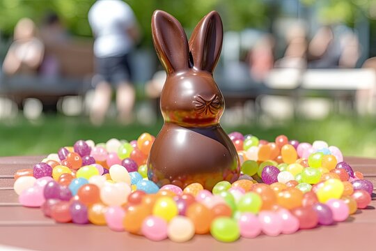 chocolate bunny surrounded by colorful jellybeans arranged in circular pattern on picnic table