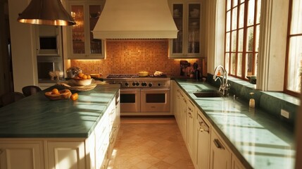 Sunlit Luxury Kitchen: Green Marble Island and Warm Hues