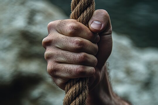 close-up of hand gripping rope tightly symbolizing struggle to hold on and persevere through adversity