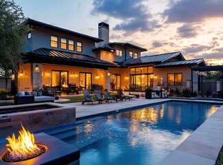 Beautiful home with luxury swimming pool and fire pit in the backyard of a modern American-style house