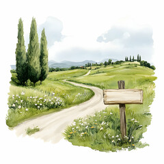 Tuscan Countryside Road with Blank Wooden Signpost, Tuscany, Italy, path, pathway, winding road