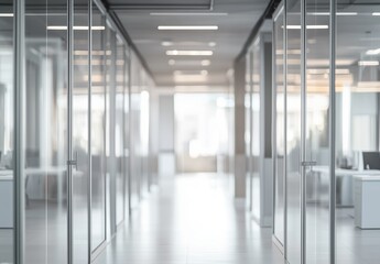 Obraz premium Modern Office Hallway with Glass Walls and Natural Light Creating a Calm Atmosphere 