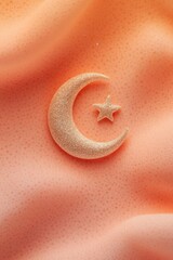 Fototapeta premium crescent moon and star decoration resting on smooth coral background with soft natural lighting