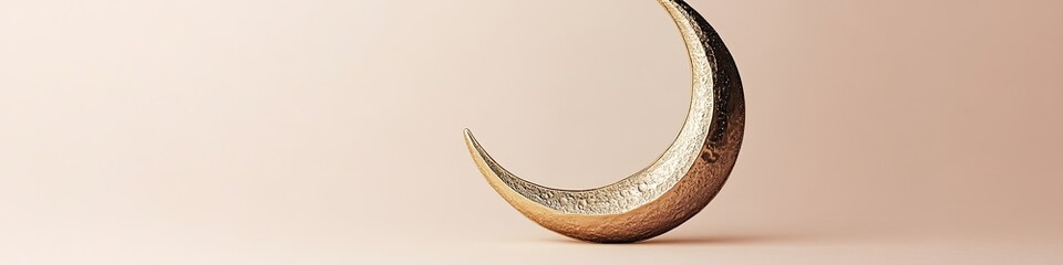 crescent moon decoration made of golden metal resting on light pastel background