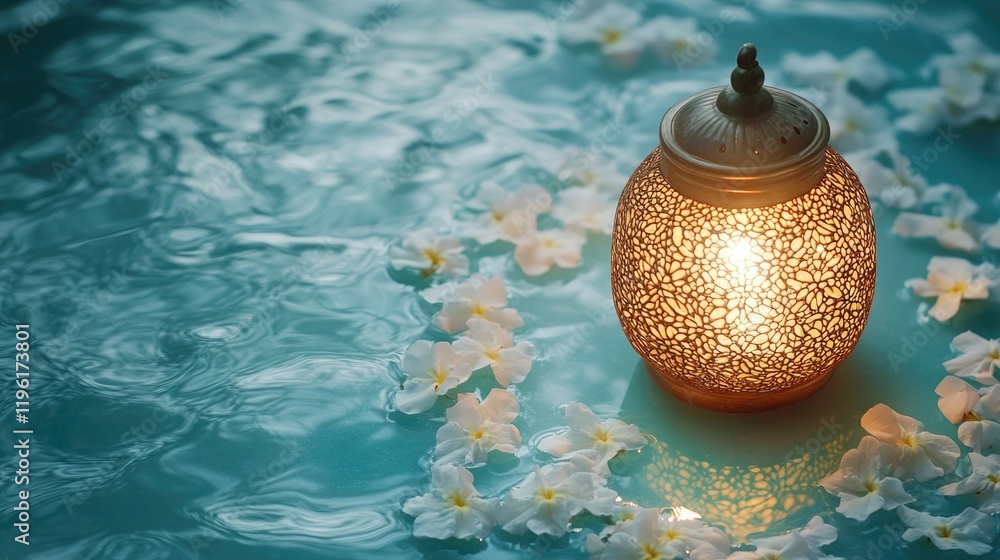 Poster decorative lantern casting intricate light patterns on smooth turquoise surface surrounded by jasmin